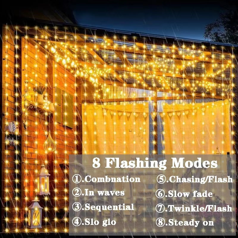 Outdoor LED Solar Powered Curtain Lamp 8 Modes Fairy Copper Wire String Light for Christmas Home Garden Wedding Party Decoration