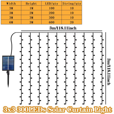 Outdoor LED Solar Powered Curtain Lamp 8 Modes Fairy Copper Wire String Light for Christmas Home Garden Wedding Party Decoration