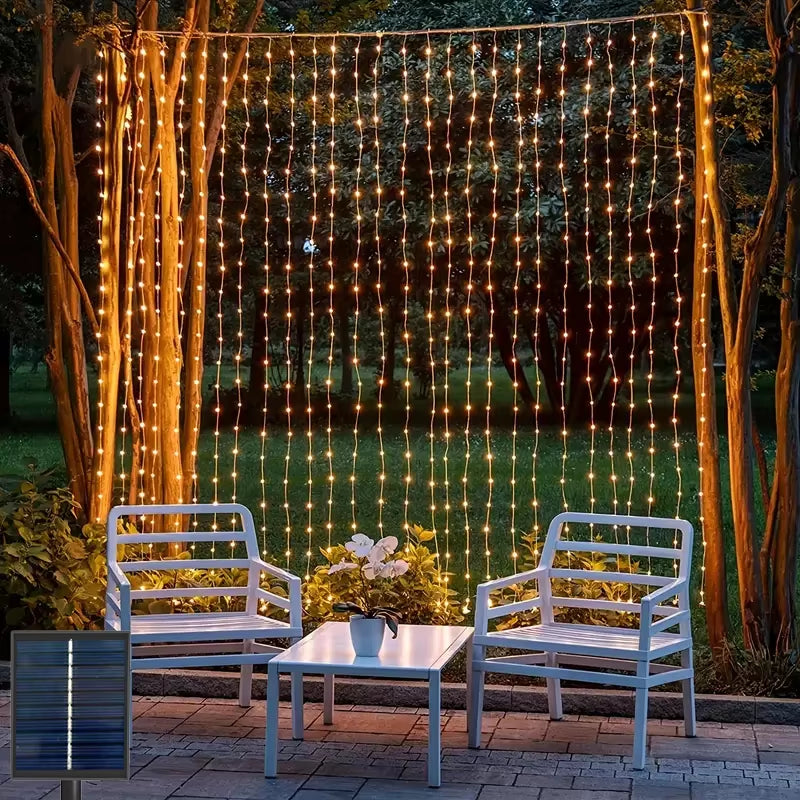 Outdoor LED Solar Powered Curtain Lamp 8 Modes Fairy Copper Wire String Light for Christmas Home Garden Wedding Party Decoration