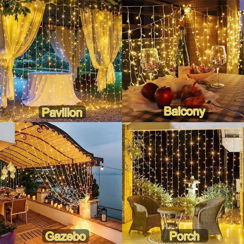 Outdoor LED Solar Powered Curtain Lamp 8 Modes Fairy Copper Wire String Light for Christmas Home Garden Wedding Party Decoration