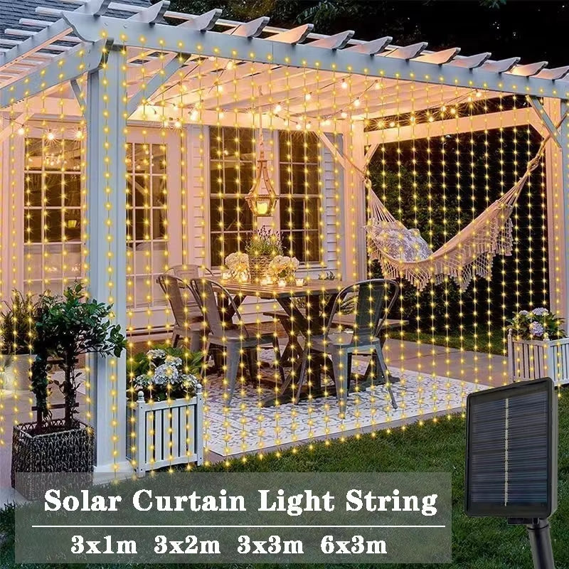 Outdoor LED Solar Powered Curtain Lamp 8 Modes Fairy Copper Wire String Light for Christmas Home Garden Wedding Party Decoration